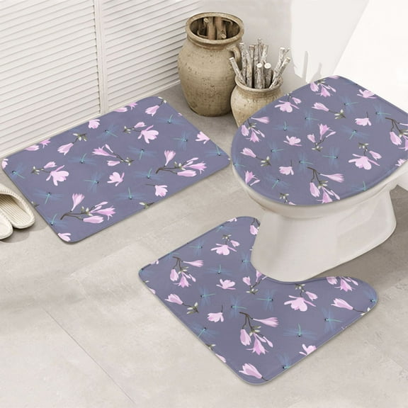 Bathroom Rugs Sets 3 Piece - Mauve Flower Dragonfly Absorbent Non Slip Bath Mats, U-Shape Toilet Lid Cover, Contour Mat, Soft Washable Shower Mats Bath Rug Mat for Bathroom Tub Toilet