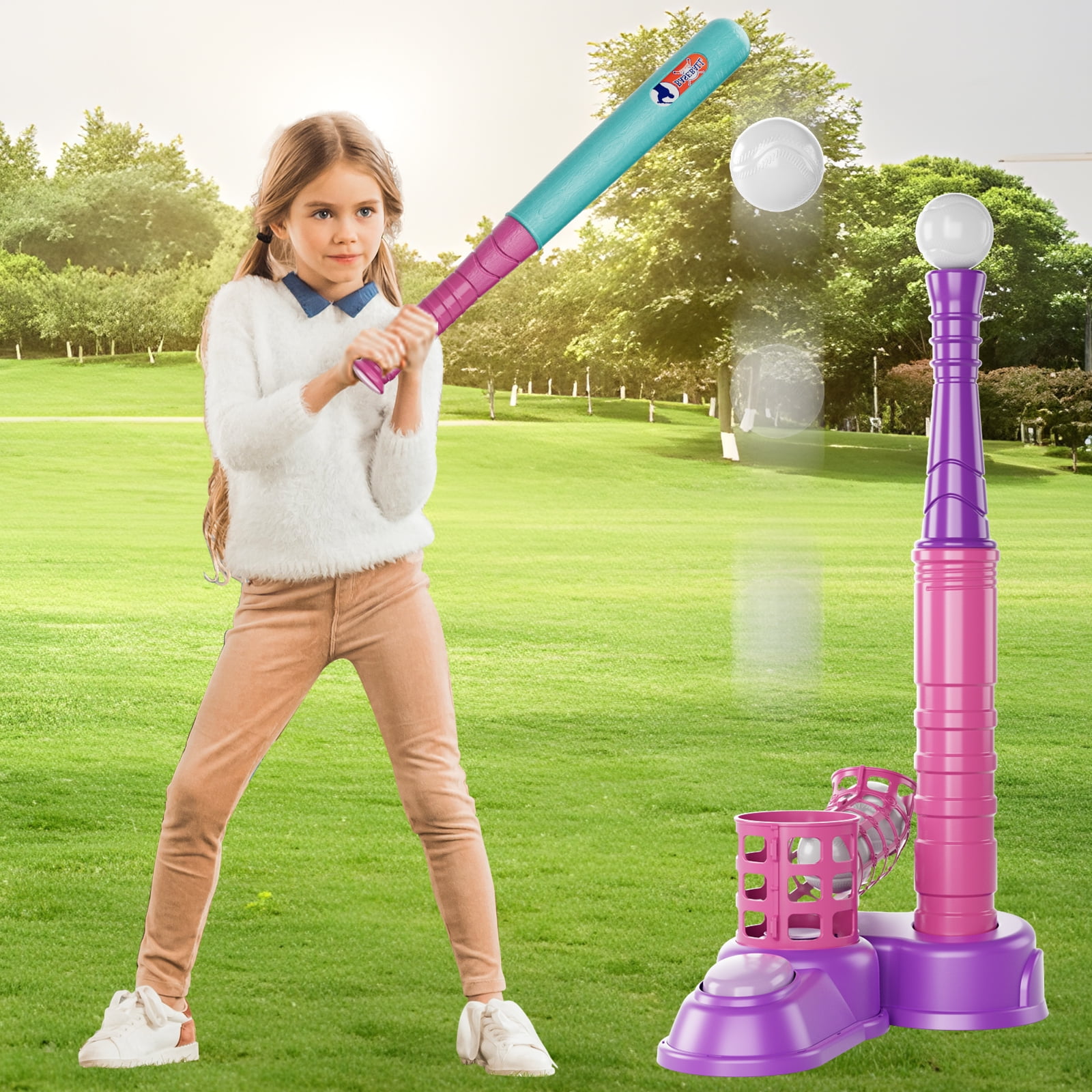 Tee Ball Set for Kids with Bat 1st Play Baseball Stand Safe Foam Balls Auto Eject Outdoor Fun Pink Walmart