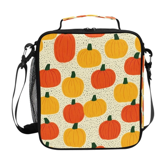 Square Insulated Lunch Bag Reusable Thermal Lunch Box Tote Cooler Bag with Side Mesh Pocket Red and Orange Pumpkins