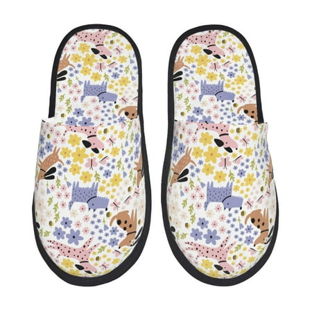 Balery Floral Puppy Slient Indoor Furry Fleece Comfort House Shoes Soft Non-Slip Home Shoes Cotton slippers House Slippers-- Medium