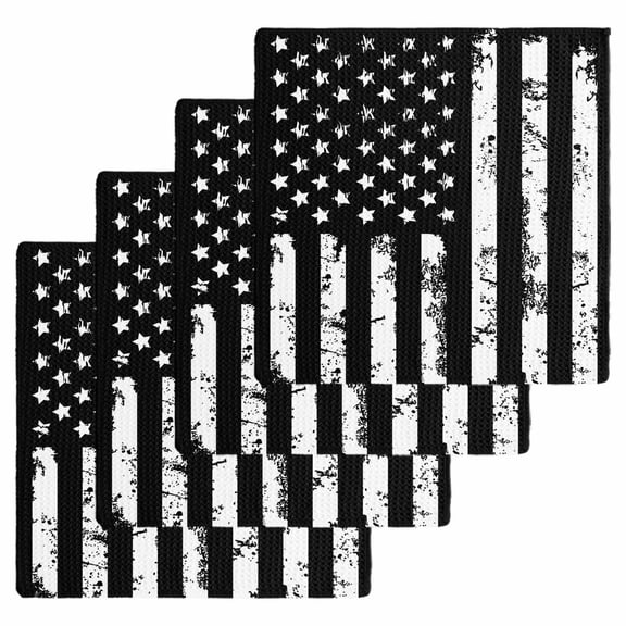 Black White Kitchen Dish Towels for Drying Dishes Set of 4, Retro Stars Stripes Flag Shabby Chic Texture Waffle Weave Microfiber Hand Tea Bathroom Towels Quick Dry & Absorbent Towel 12x12