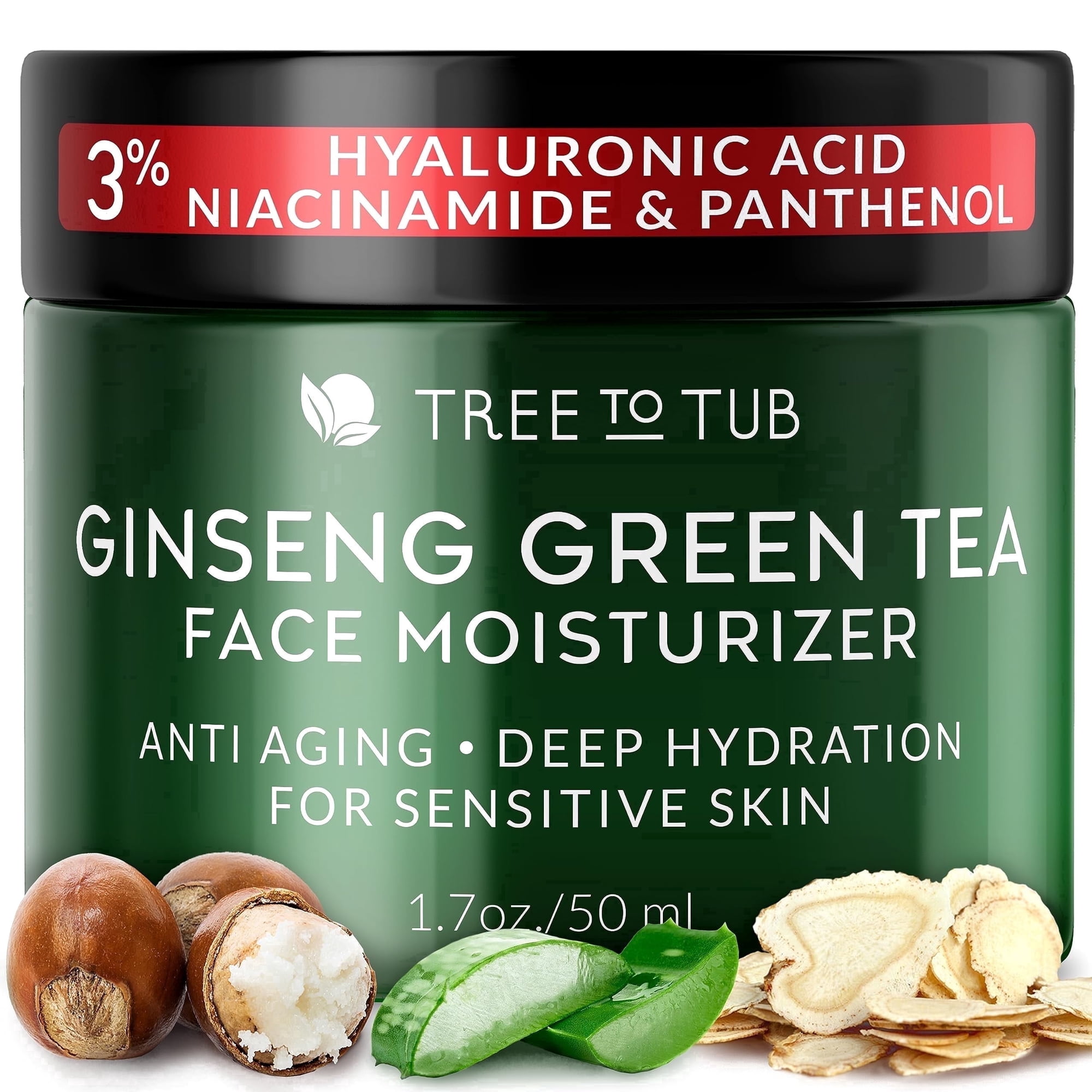 Tree To Tub Ginseng Green Tea Face Moisturizer, Water Based Hydrating Moisturizer w/ Hyaluronic Acid, Vitamin E&C for Dry, Sensitive Skin, Fine Lines