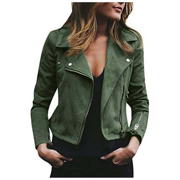 Elainilye Fashion Women Leather Jacket Faux Leather Short Single-Breasted Jacket Long Sleeve Top Zipper Jacket Coat,Green