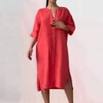 thumbnail image 5 of Guiexla Summer Women Dress V Neck Side Split Loose Pullover Button Pure Color Long Sleeves Casual Daily Wear Midi Dress, 5 of 7