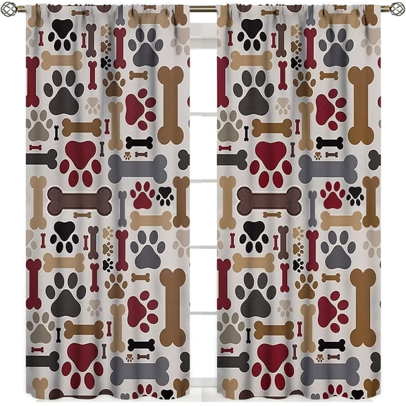 Dog Paw Print Curtains, Cartoon Dog Paw and Bones Window Treatment Thermal Insulated Curtain for Kids Living Room Bedroom 2 Panels Set, 42x63 inch
