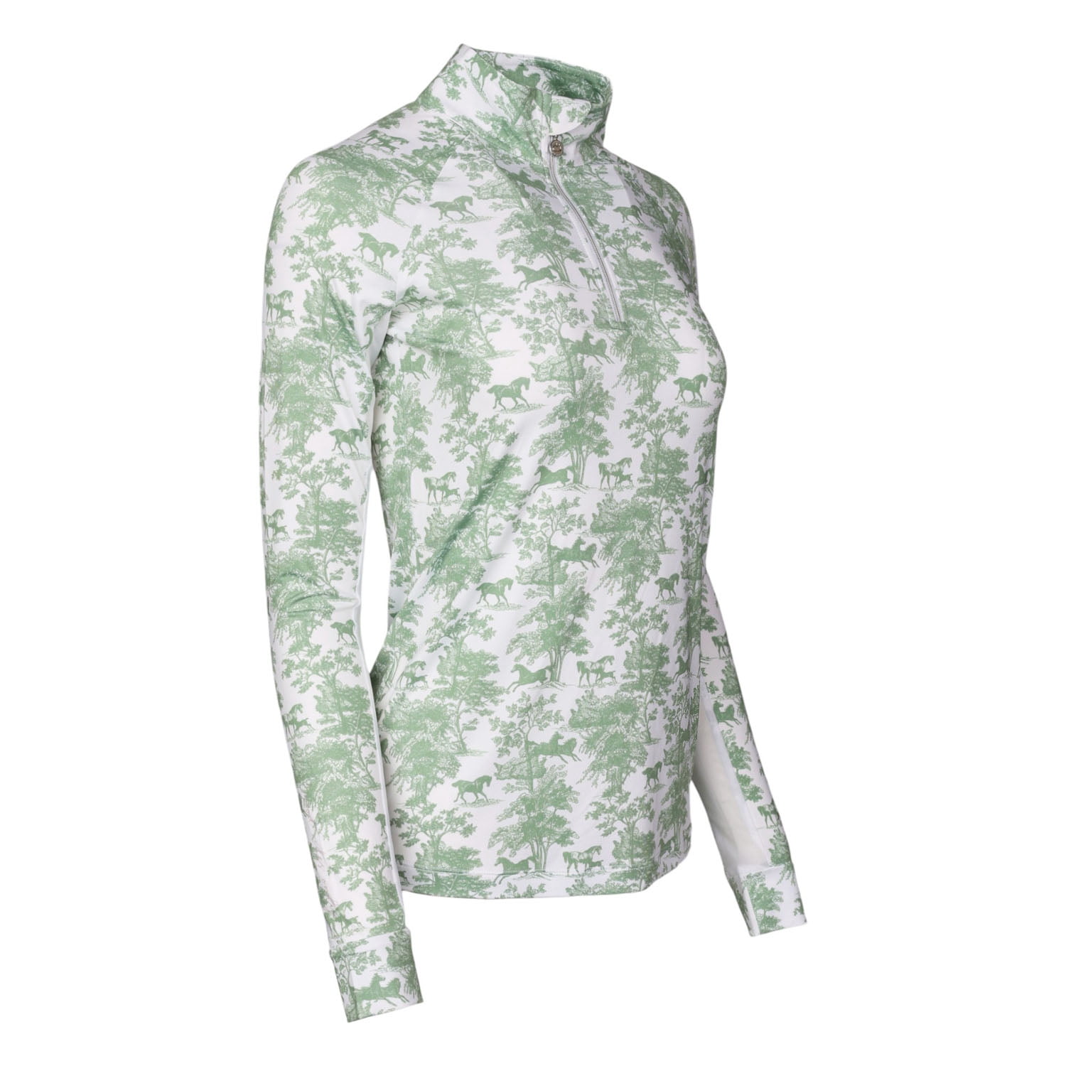 Dapplebay Equestrian Toile 1/4 Zip Light Riding Top - Long Sleeve-Green/White-XXL
