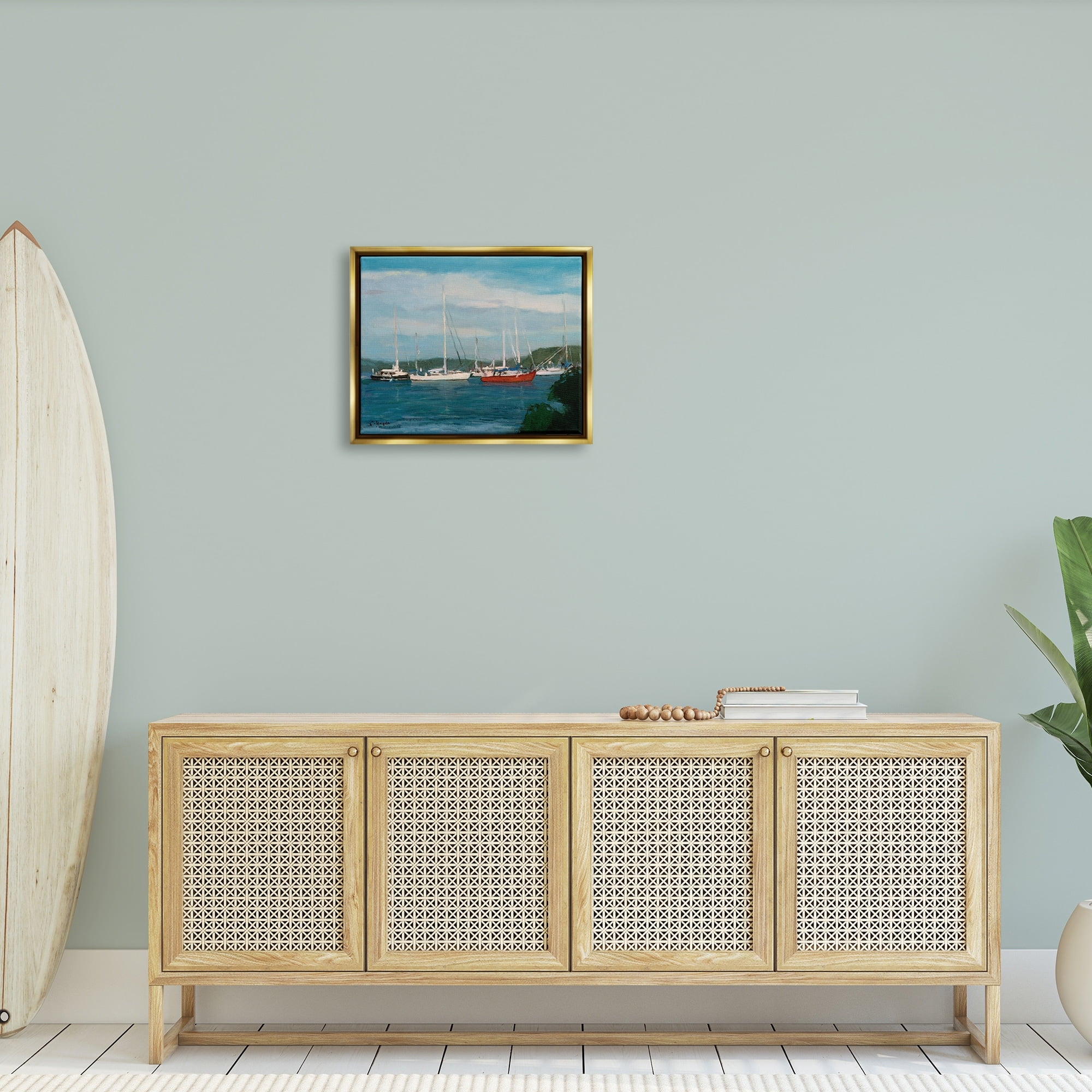 Stupell Industries Sailboat Fleet Afloat Ocean Water Distant Hills Painting Metallic Gold Floating Framed Canvas Print Wall Art, Design by Stephen Calcasola