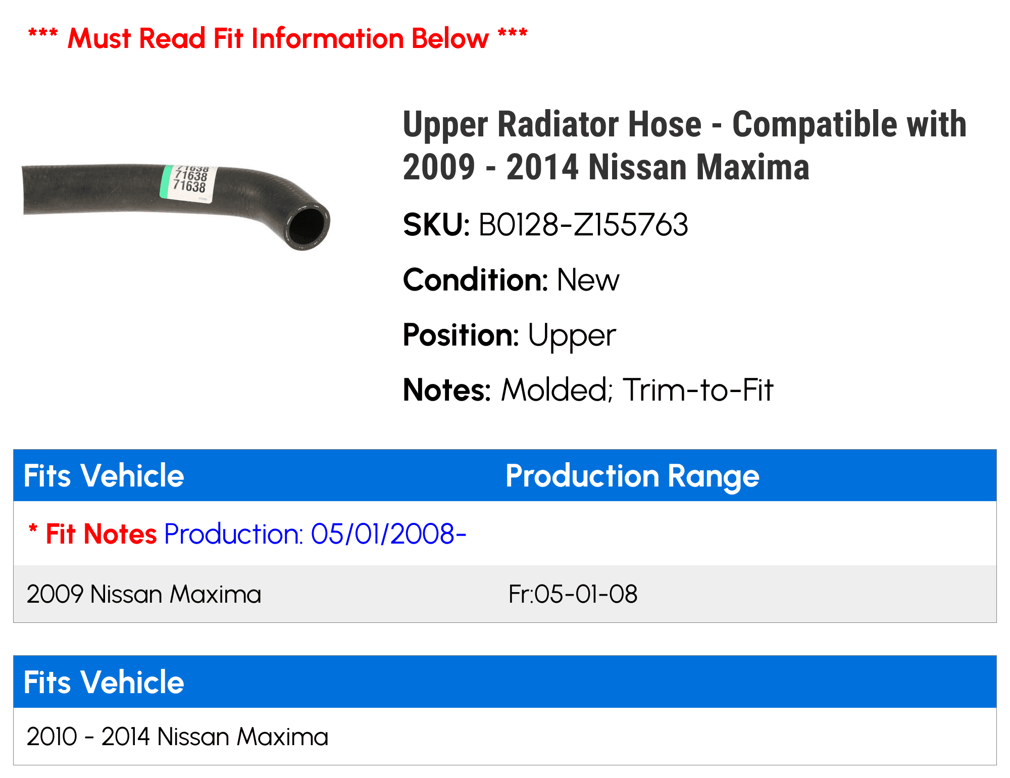 Upper Radiator Hose - Compatible with 2009 - 2014 Nissan Maxima 2010 2011 2012 2013