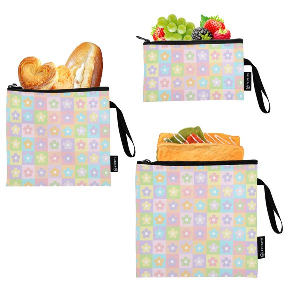 Ryvnso 3 Pack Reusable Snack Bags Sandwich Storage Pouches Washable Lunch Bag Cute Small Flowers