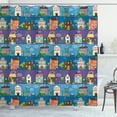 thumbnail image 1 of Urban Shower Curtain, Hand Drawn Style Colorful Townhouses City Architecture Twilight Trees Cars and Owls, Fabric Bathroom Set with Hooks, 69W X 84L Inches Extra Long, Multicolor, by Ambesonne, 1 of 3