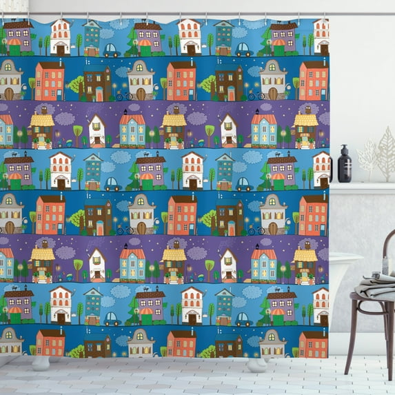 Urban Shower Curtain, Hand Drawn Style Colorful Townhouses City Architecture Twilight Trees Cars and Owls, Fabric Bathroom Set with Hooks, 69W X 84L Inches Extra Long, Multicolor, by Ambesonne