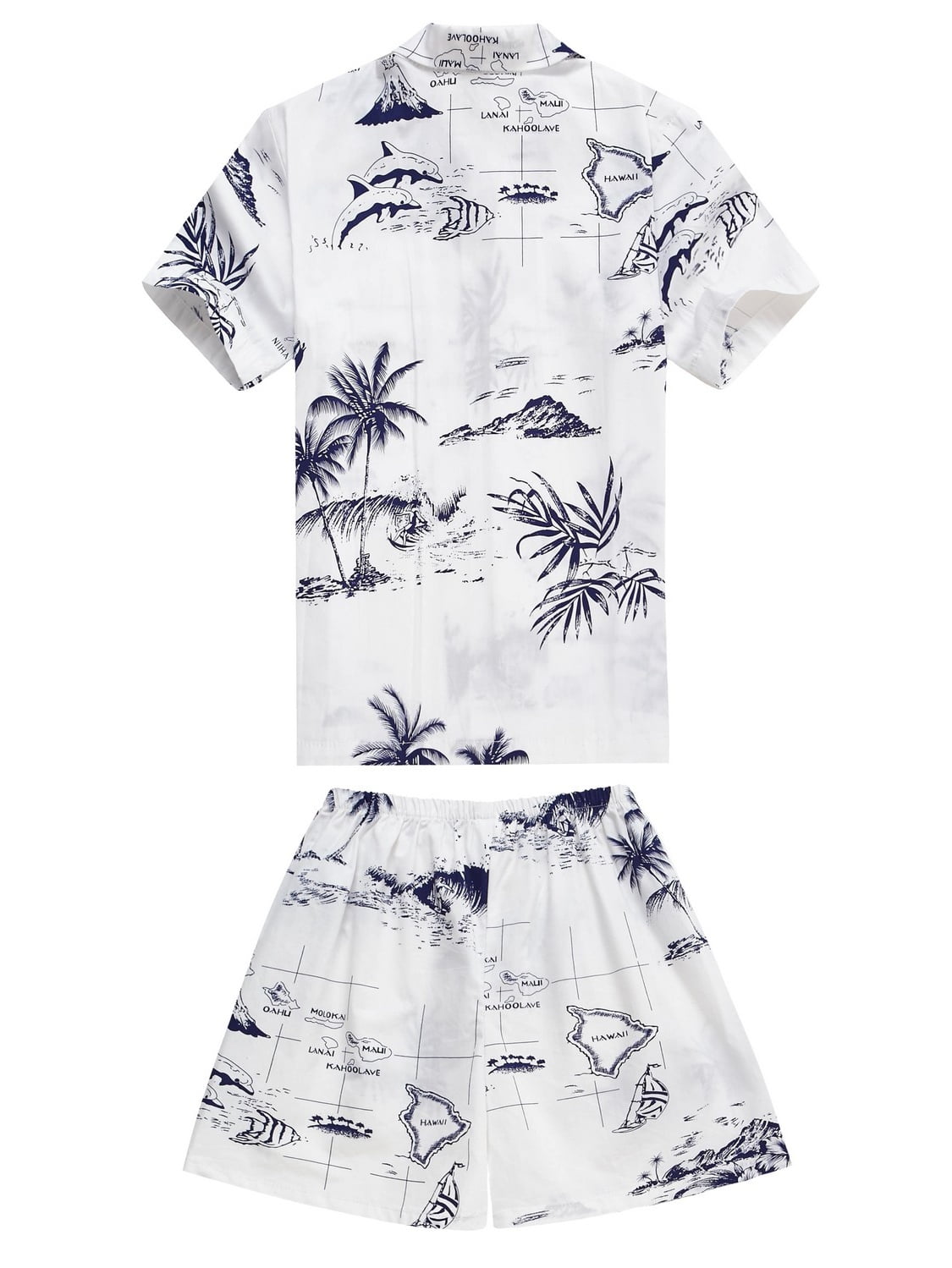 Palm Wave Young Adult Boy Hawaiian Aloha Luau Shirt in White Map and Surfer