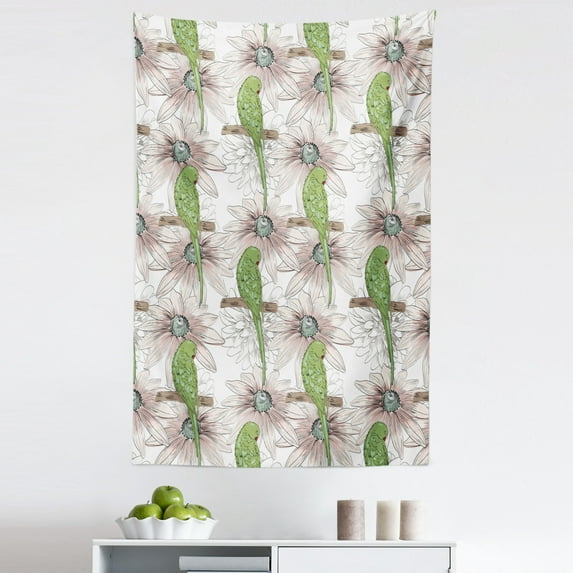 Bird Tapestry, Continuous Birds and Flower in Vintage Sketch Style, Fabric Wall Hanging Decor for Bedroom Living Room Dorm, 5 Sizes, Olive Green Salmon, by Ambesonne