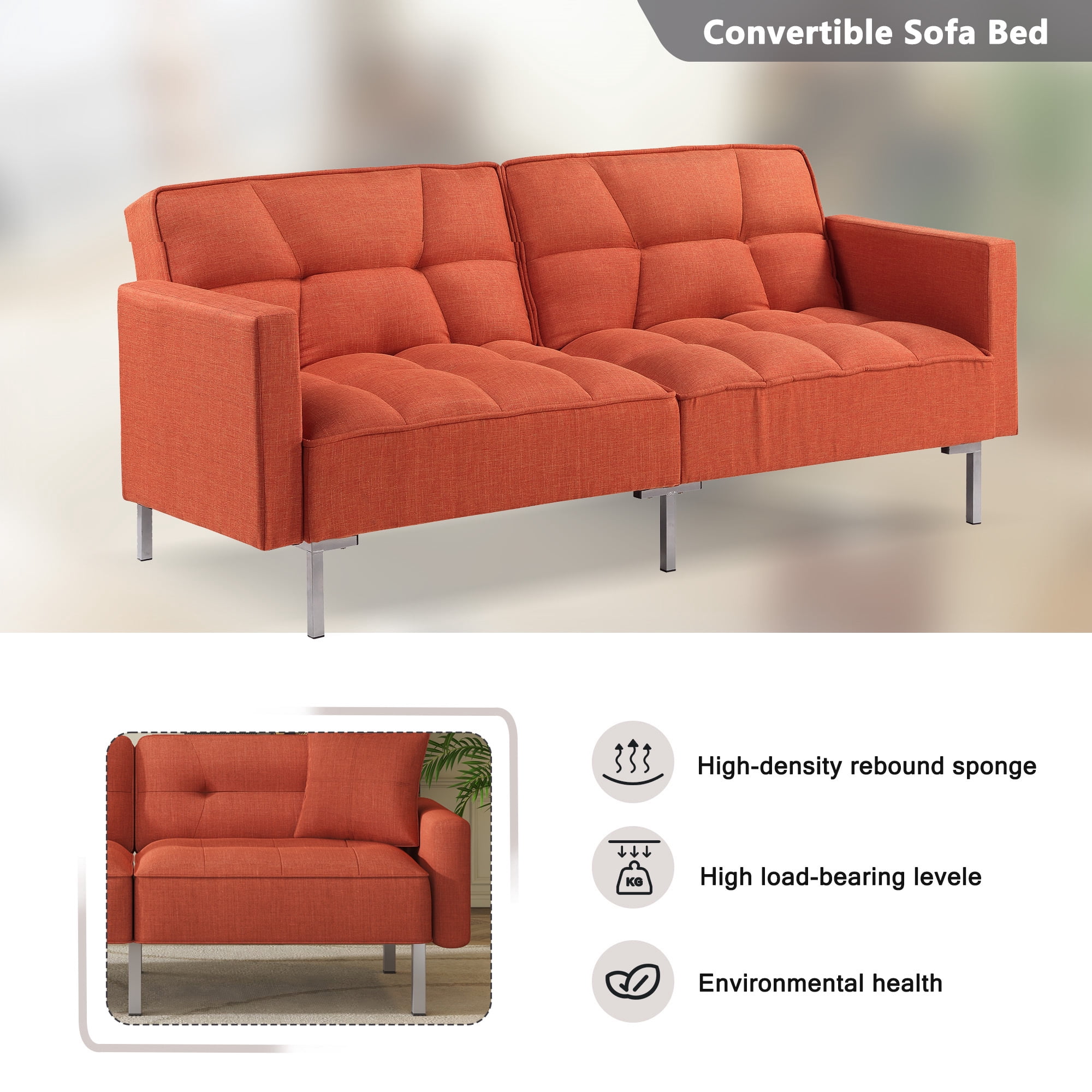Aukfa 76" Futon Convertible Sofa Bed, 2 Seater Arm Couch for Home Office, 2 Pillows, Linen, Orange