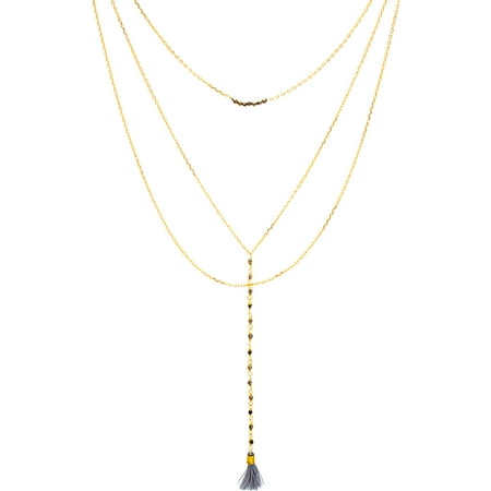 Lesa Michele Two-Tone Three-Tiered Facet and Bead Tassel Necklace in Gold over Sterling Silver