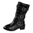thumbnail image 4 of Womens Vintage Buckles Mid Calf Motorcycle Riding Combat Boots Leather Pointed Toe Chunky Heel Winter Fall Tall Boots Black Size 6.5, 4 of 5