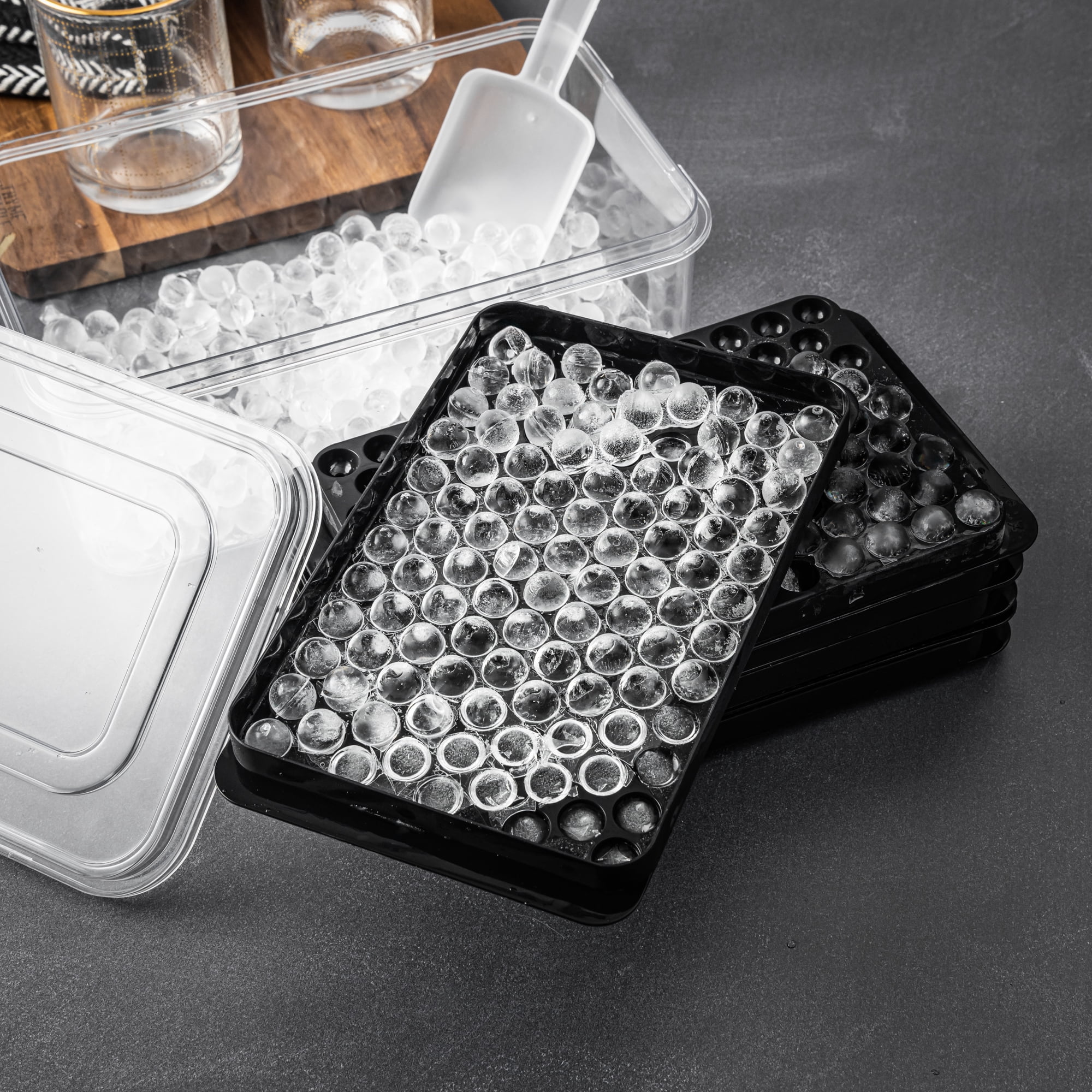 (2 pack) Thyme, Ice Cube Tray, & Table New Ice Tray Mold Set with Scoop, Black, convenient for portable cold storage.