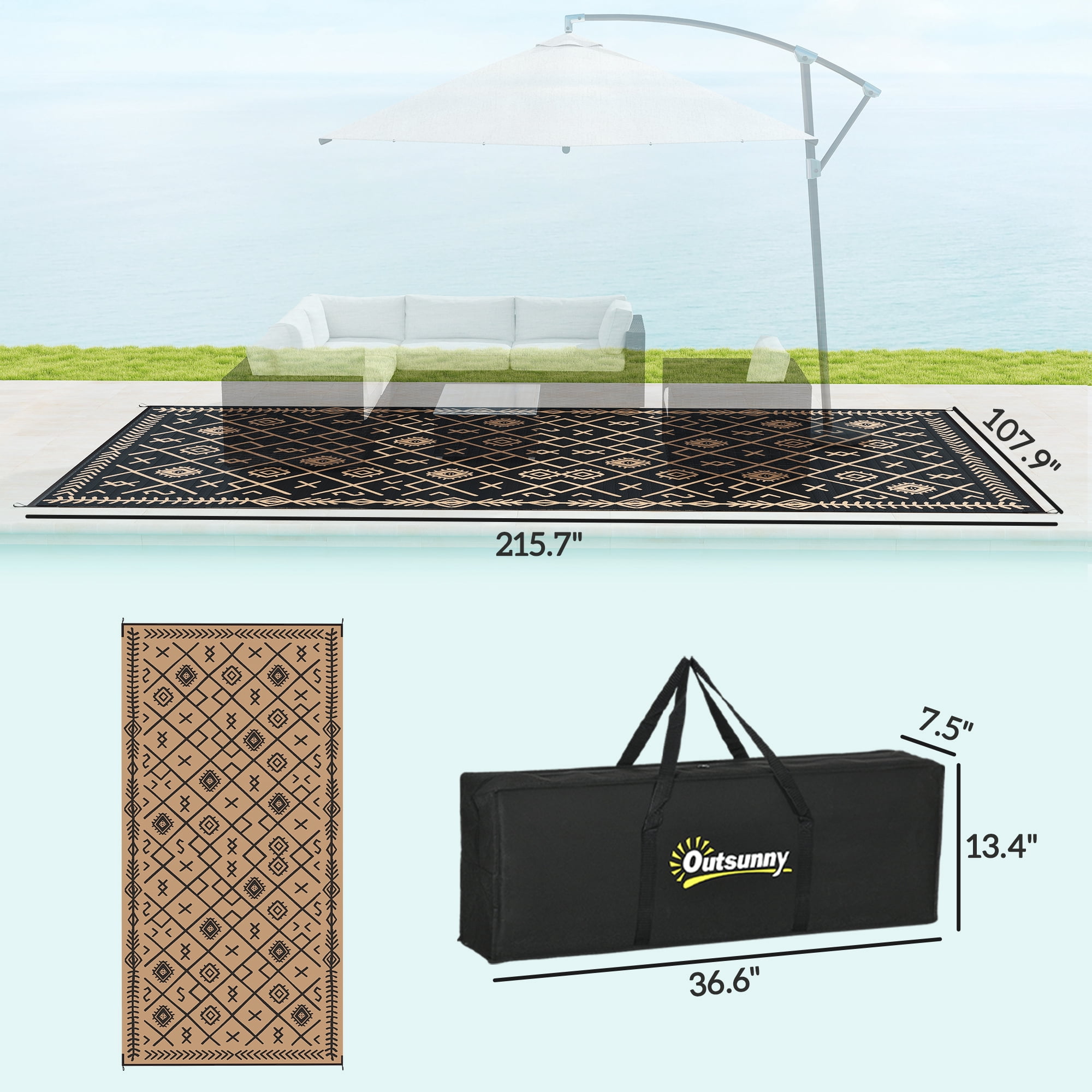 Outsunny Outdoor Patio Rug, Large Camping Carpet with Carrying Bag, 9' x 18' Waterproof Plastic Straw, Reversible, Black & Brown Rhombus