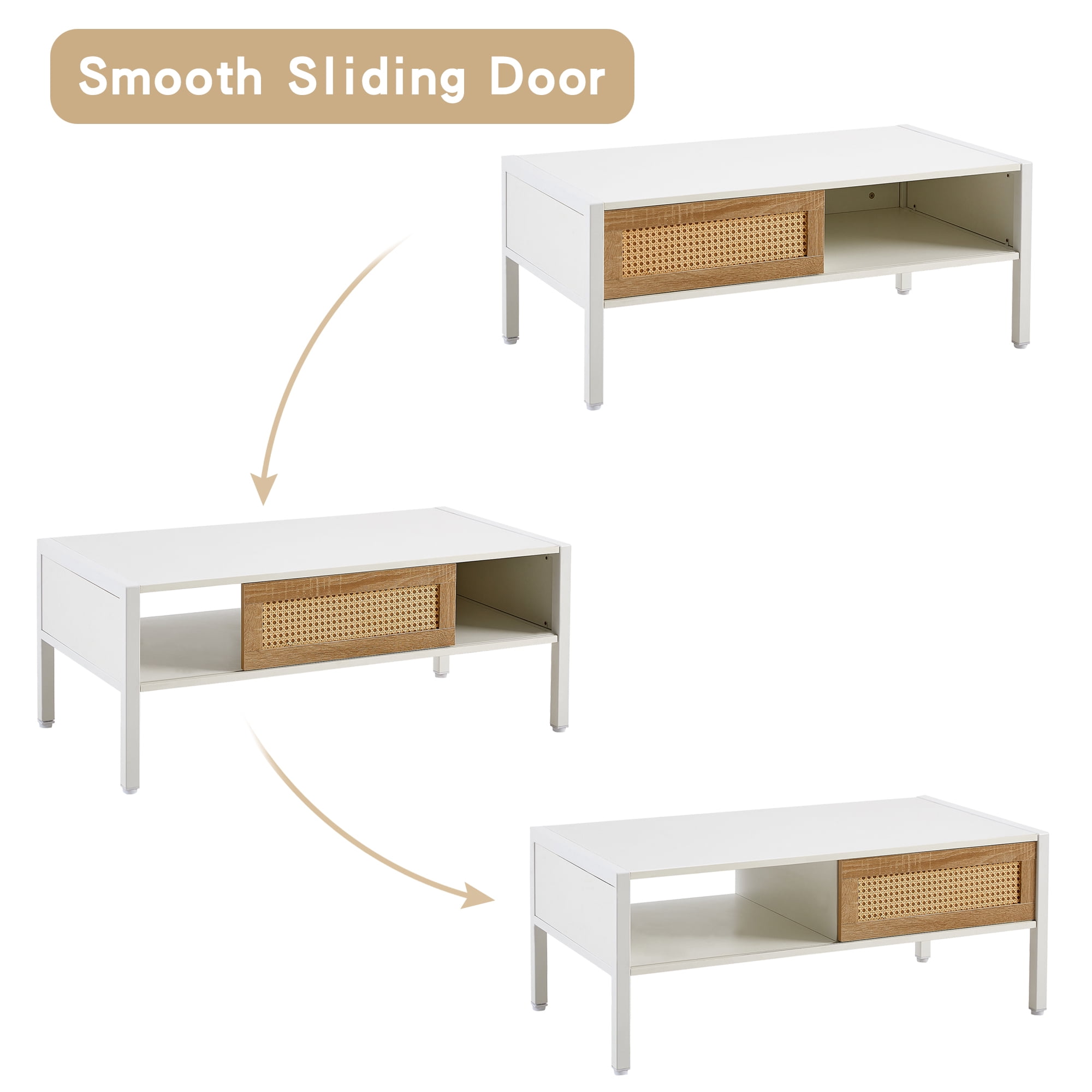 Rattan Coffee Table, Storage Coffee Table, Modern Living Room Table with Sliding Rattan Door, MDF Body and Metal Legs, 220LBS Capacity, 40.16" L x 21.26" W, White