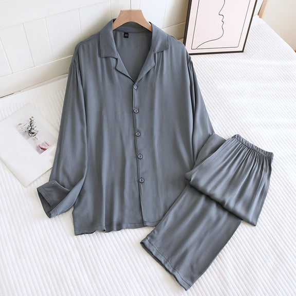Juslio Pajamas for Men Solid Collar Homewear Long Sleeve Tops and Pants 2-Piece Matching Pajamas Sets L