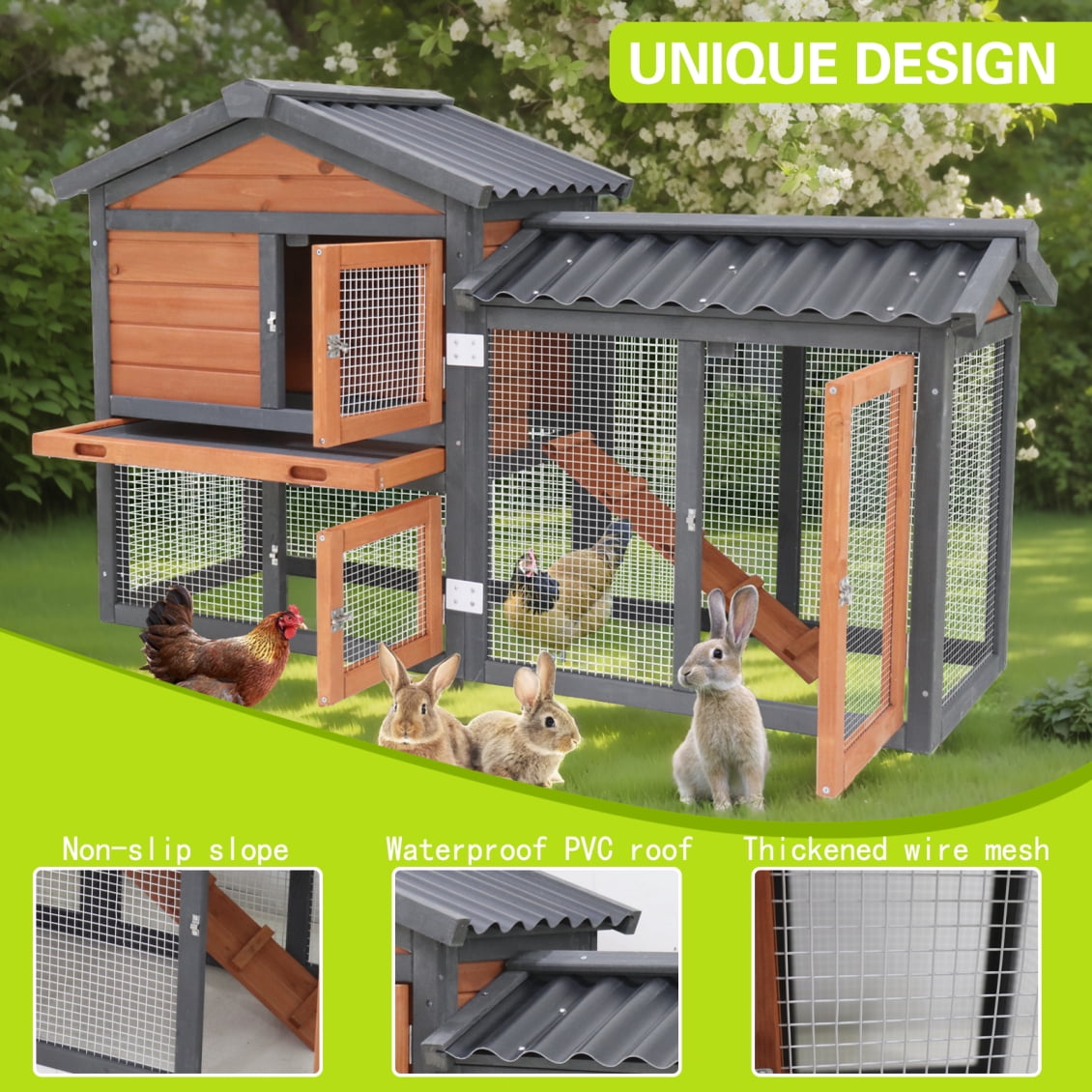 2-Story Rabbit Hutch with Run, 58" Bunny Cage with 1 Pull-Out Tray, 3 Lockable Doors and Waterproof Roof for Rabbits, Guinea Pigs, Small Pets, Grey+Red