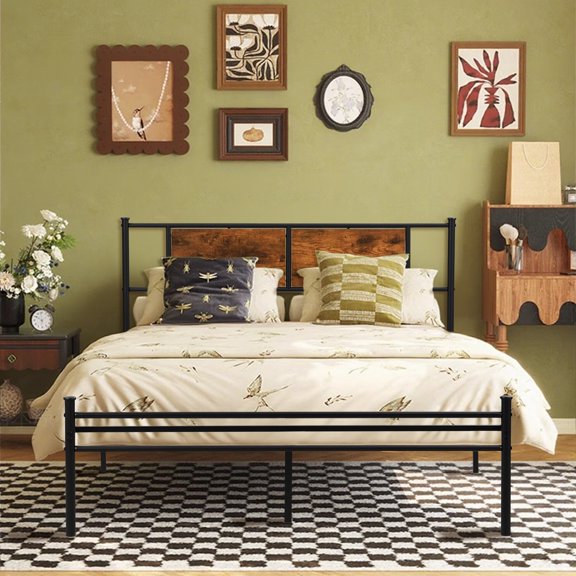 Full Size Bed Frame with Headboard, Metal Platform Bed Frame with Metal Slats Support, Easy Assembly, Black