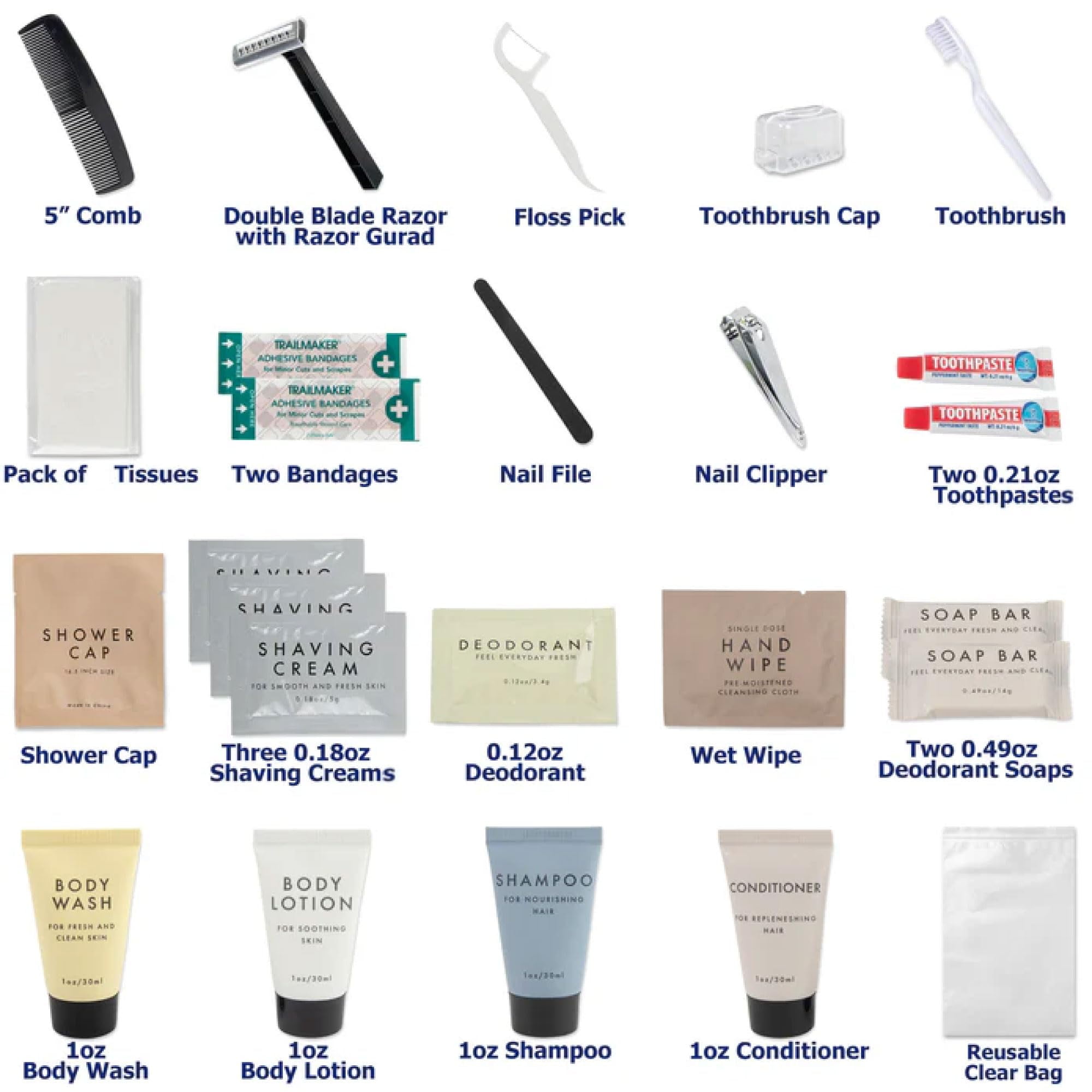 50 pack Trail maker 25 Piece Travel Size Toiletry Kits Containing Shampoo, Conditioner, Body Wash & More