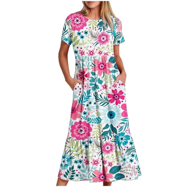 Puntoco Vestido Midi De Moda Para Mujer, Estampado Floral, En Capas, Doble Bolsillo, Manga Corta, Cuello Redondo, Vestido Colorido Xxl,Regalos Para Mujer Joven