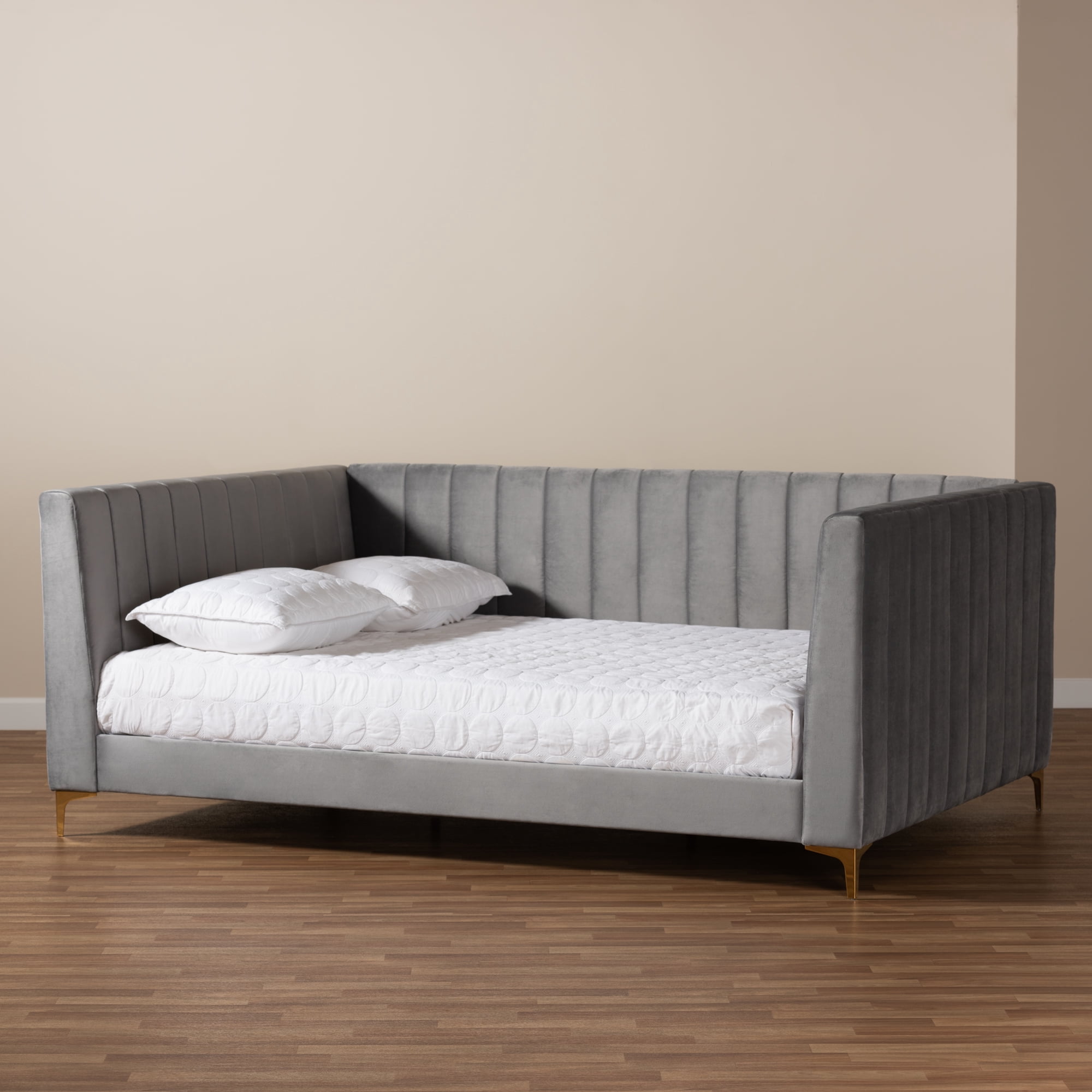 Baxton Studio Oksana Modern Contemporary Glam and Luxe Light Grey Velvet Fabric Upholstered and Gold Finished Queen Daybed