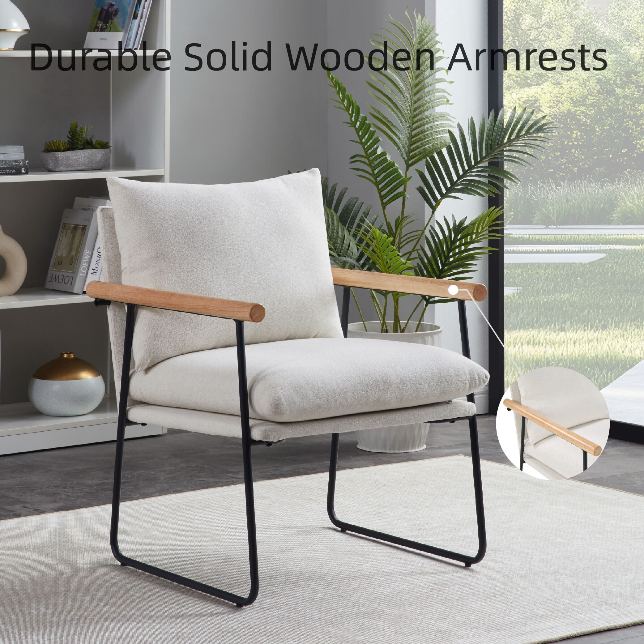 Avobird Modern Accent Chair for Living Room, Bedroom, Office, Vanity Chair with Wood Armrests & Removable Cushion,Milk White