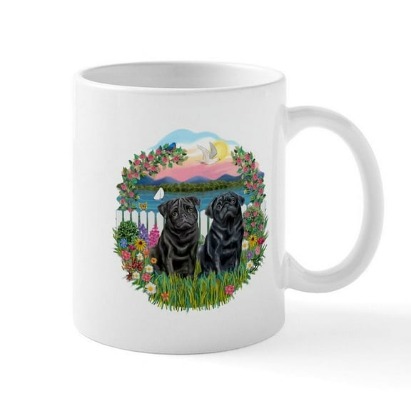CafePress - Garden Shore 2 Black Pugs Mug - 11 oz Ceramic Mug - Novelty Coffee Tea Cup