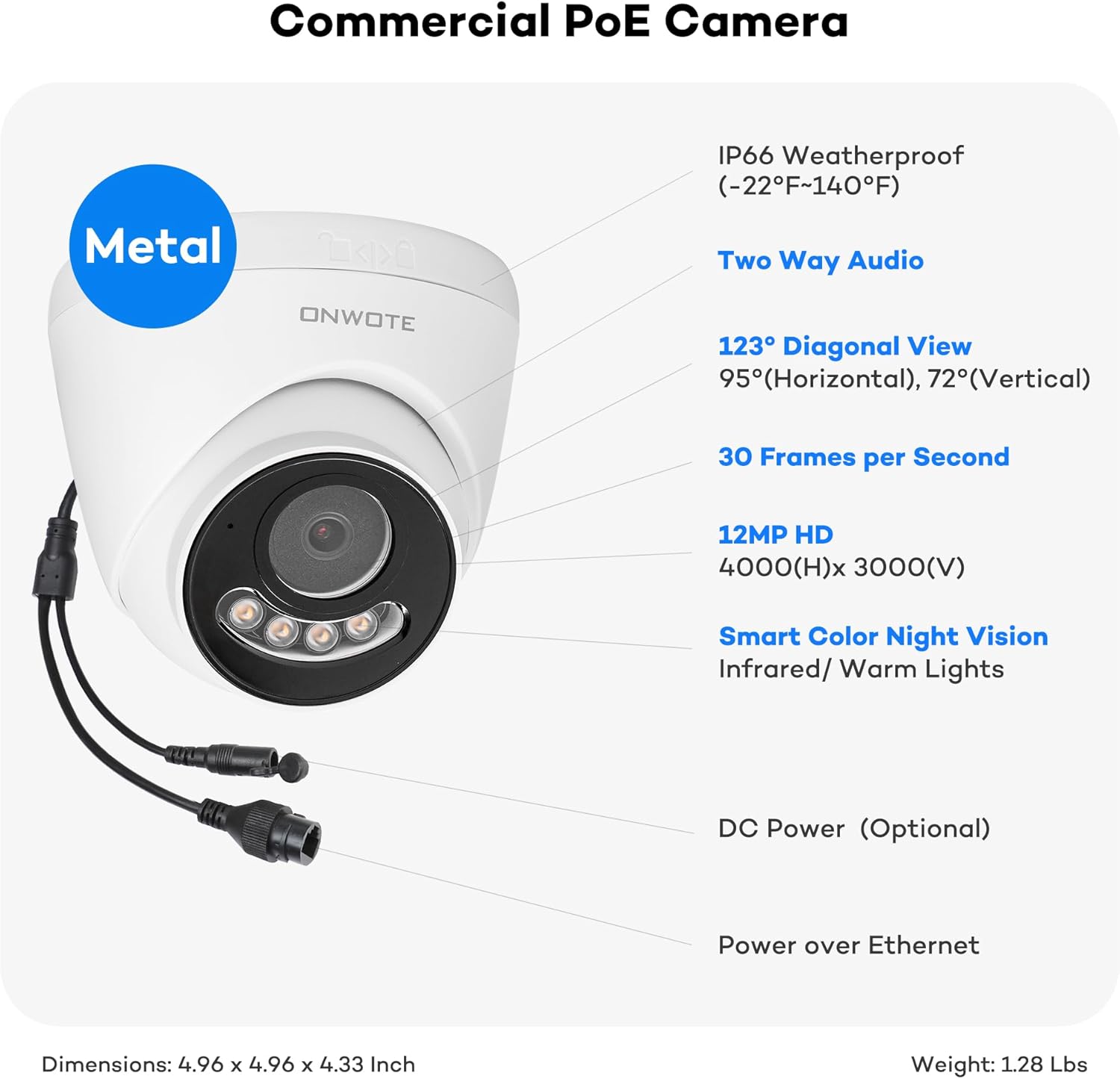 ONWOTE 12MP PoE IP Security Camera Outdoor, 2 Way Talk, Smart Color Night Vision, 4000x3000 12 Megapixels 30fps, 123° FoV, AI Detection, Commercial Wired Camera for Business, Add-on to PoE NVR System