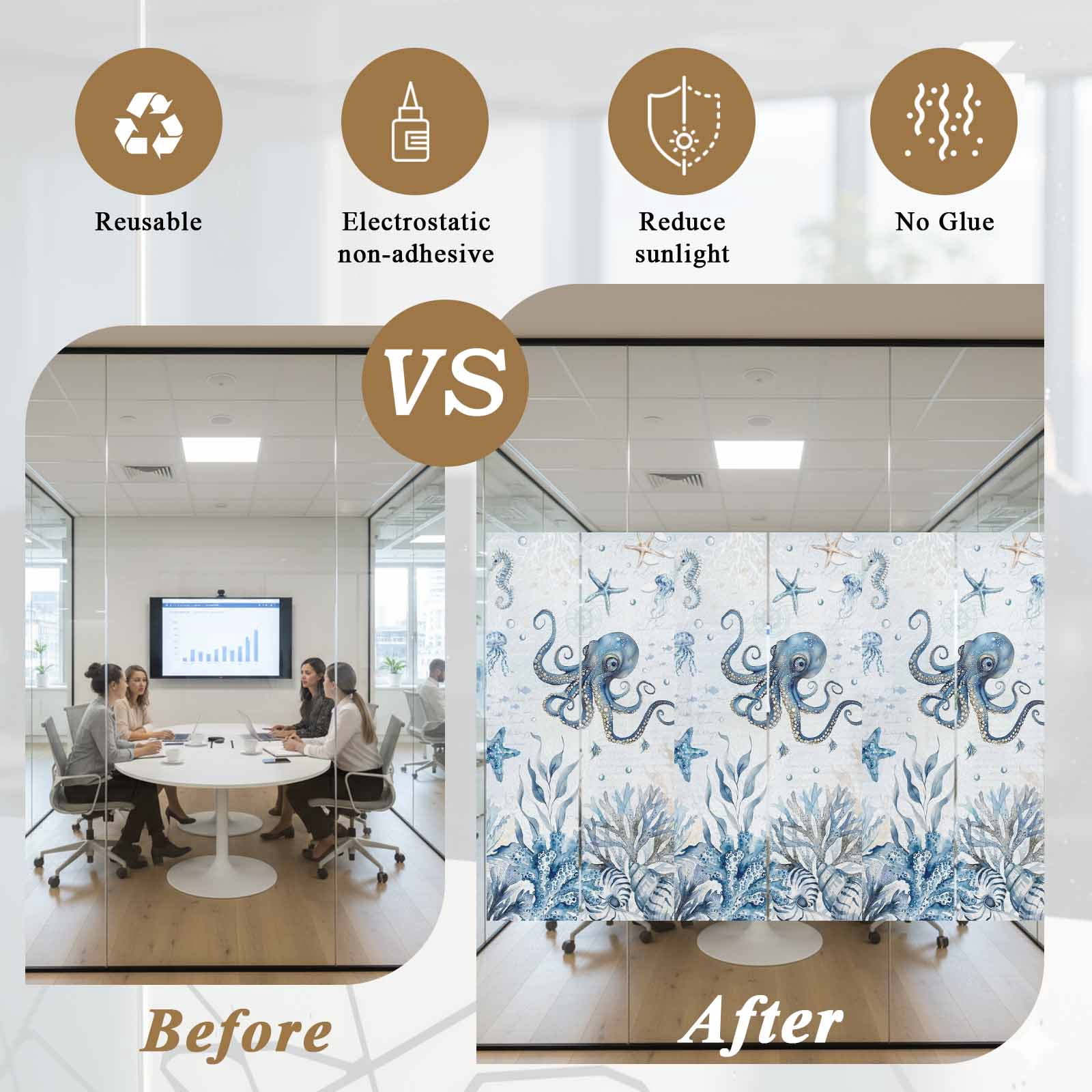 Blue Marine Life Window Privacy Film, Ocean Octopus Coral Sea Star Seashell Jellyfish Coastal Frosted Glass Window Clings Static Cling UV Heat Blocking Reusable Sticker for Bedroom 17.7x78.7 Inch