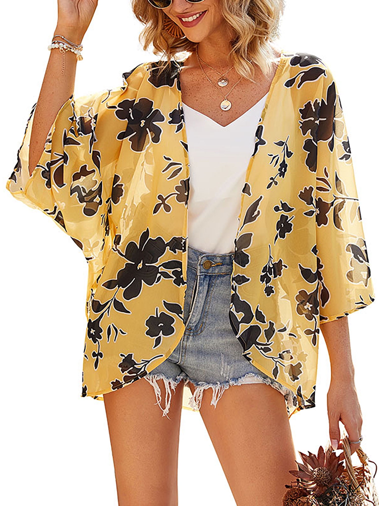 Heynino Womens Chiffon Kimono Cardigans Open Front Floral Print Beach Cover up Capes Sheer Loose Blouse Tops