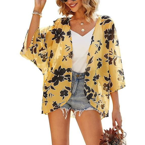 Women Floral Print Chiffon Kimono Cardigan Short Sleeve Loose Beach Wear Cover Up Blouse Top