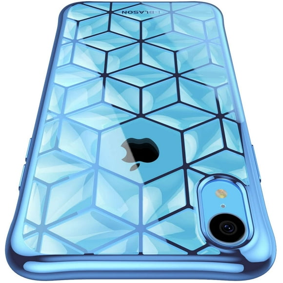 YOYO Étui Série Cube pour iPhone XR 6.1 Pouces, Étui Protectrice Mince en TPU Transparent avec Motif Géométrique 3D Diamant (Bleu Métallique)