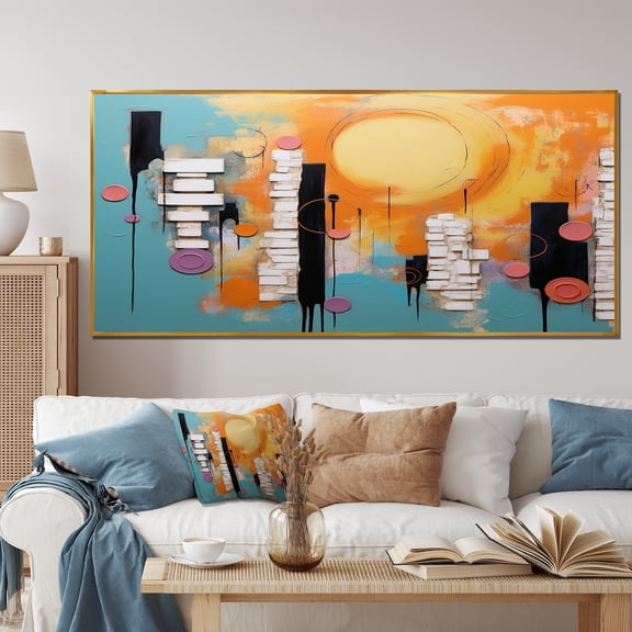 Designart "Play Forms Colorful Orange and Blue Delight I" Oversized Abstract Framed Wall Art - Modern Orange Abstract Geometric Entryway Framed Wall Art Print