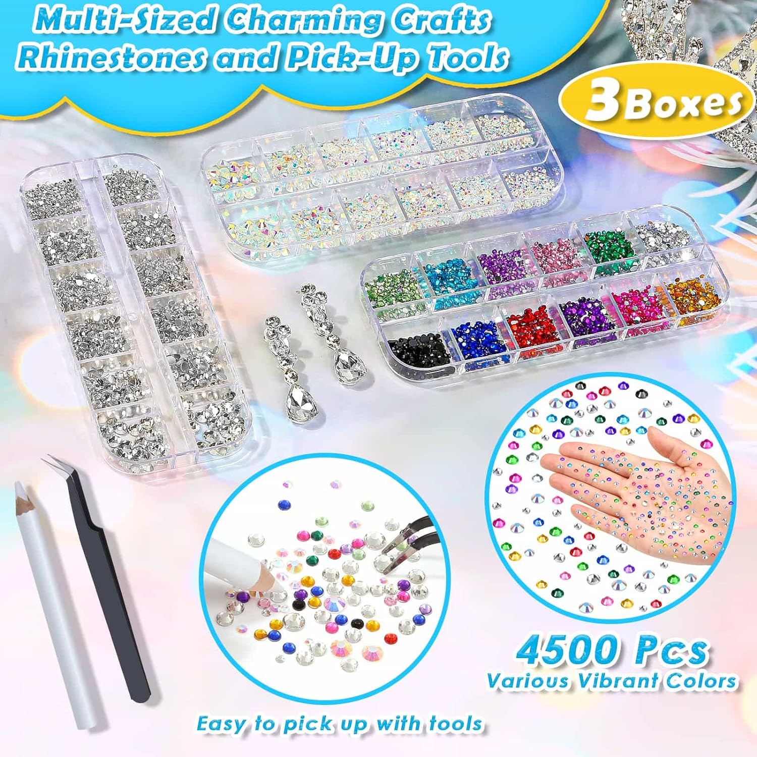 B7000 Jewelry Glue with Rhinestones for Crafts, 6300Pcs Rhinestones with Gems Adhesive for Shoes Cloth Fabric with Picker Pencil for Crafting Diamond Art Graduation Cap Decorations