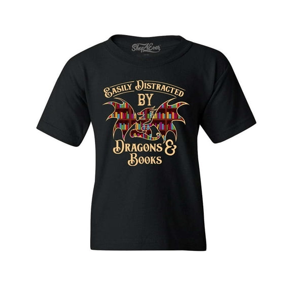 Shop4Ever Kids Easily Distracted by Dragons and Books Graphic Child's Youth T-Shirt X-Small Black
