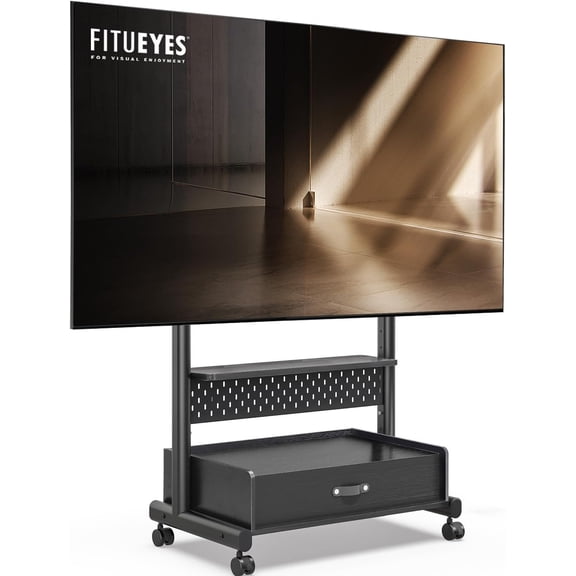 FITUEYES Rolling TV Stand for 40–85 Inch TVs, Black, Drawers & Pegboard, Storage Shelf