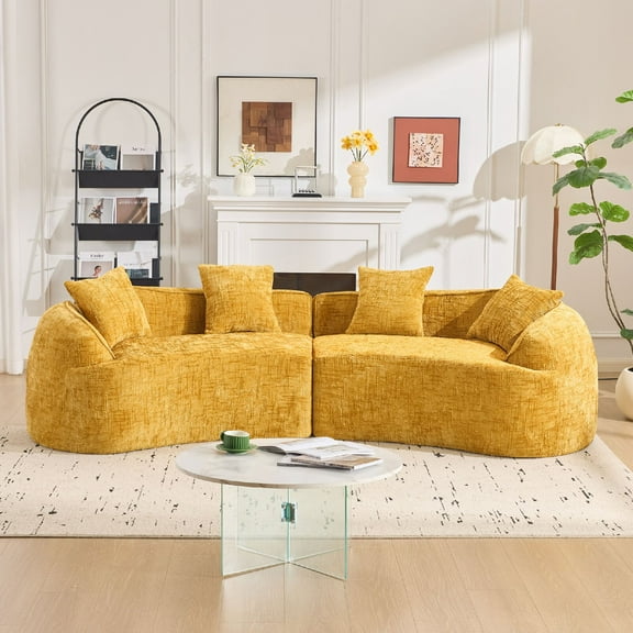Curved Modular Sectional Sofa, 4-Seater Modern Chenille Minimalist Compressed Foam Cloud Sofa Couch, Creative Nordic-style Design Compressed Sofa for Living Room, Apartment, Yellow