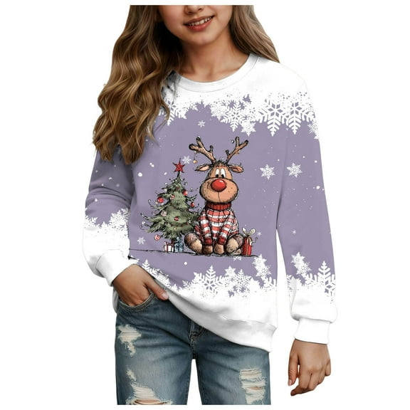 Staki Christmas Sweater Toddler Girl Christmas Sweatshirt Kids Ugly Xmas Cotton Short Sleeve Shirt(Light Purple,3-4 Years)
