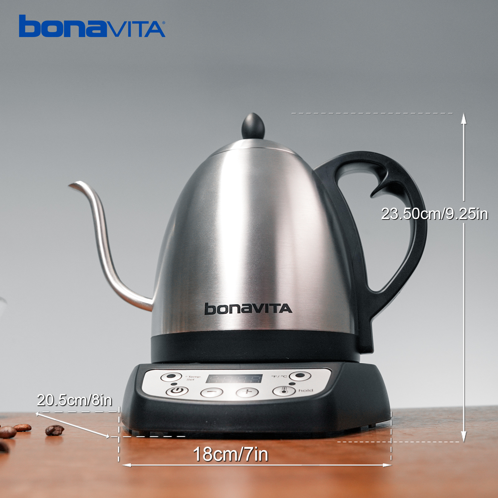 Bonavita Classic 1L Digital Variable Temperature Gooseneck Electric Kettle for Coffee Brew and Tea Precise Pour Control, 6 Preset Temps, Café or Home Use, 1200 Watt, LED Panel, Stainless Steel