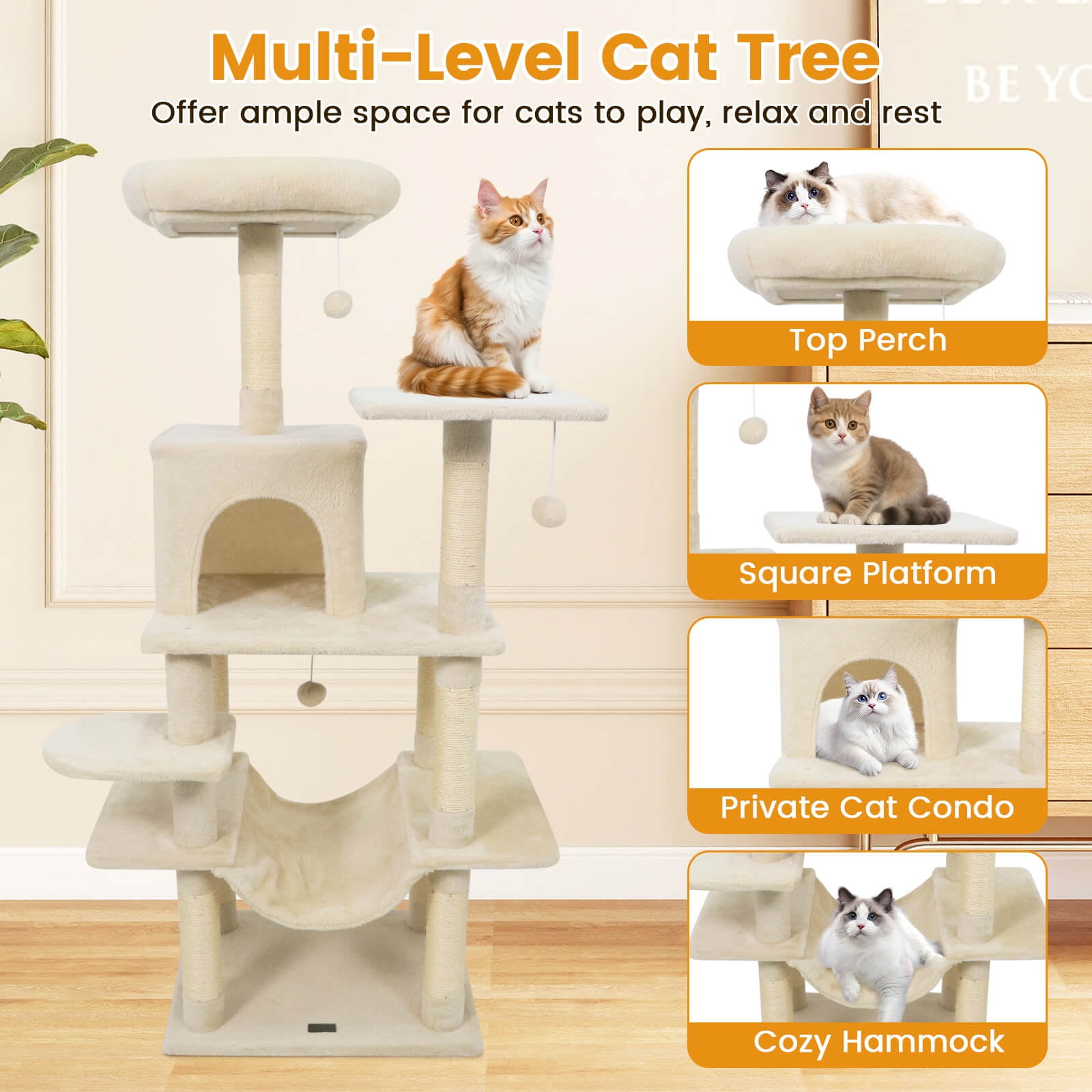 Costway 58” Tall Multi-level Cat Tree with Upholstered Perch & Cat Condo, Comfy Hammock Beige