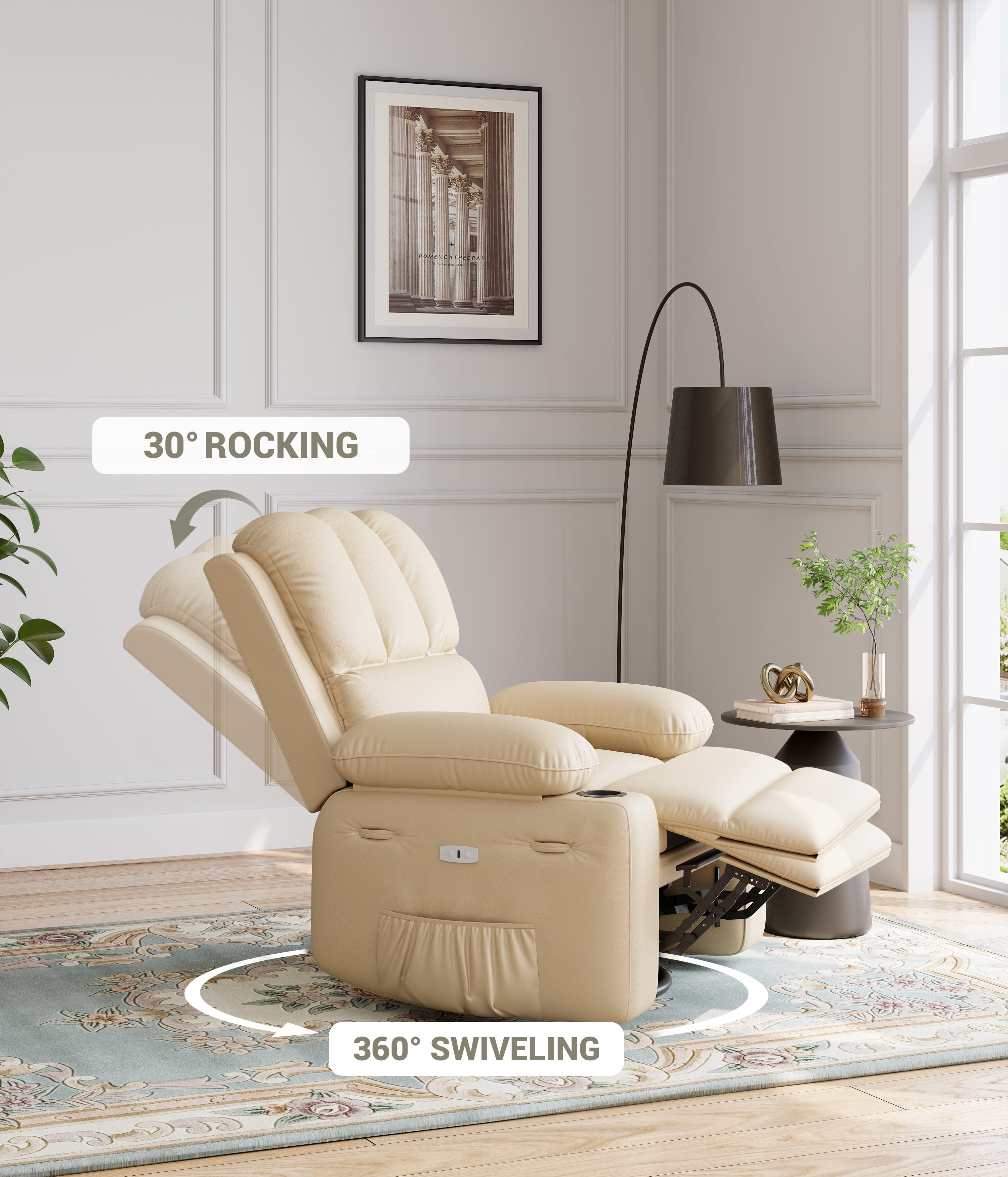 Oversized Electric Recliner Chair with Massage,PU Leather Swivel Rocker Recliner with Remote Control and Cup Holders,26.8" Wide Lounge Chair for Living Room, Bedroom,Nursery