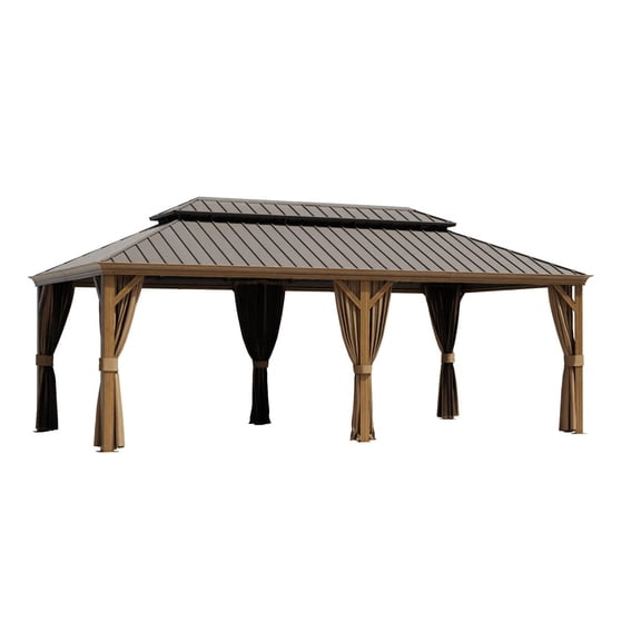 22 Ft. W x 12 Ft. D Aluminum Hardtop Gazebo with Double Roof, Curtains & Mosquito Netting