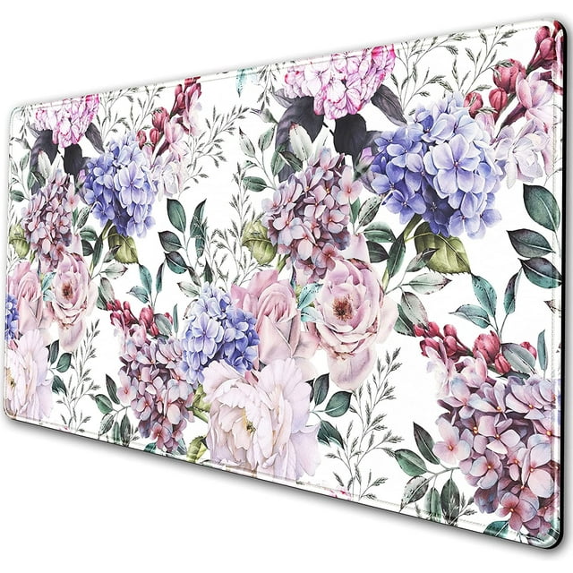 Pink Purple Floral Extended Mouse Pad Large Keyboard Mousepad,Non-Slip Rubber Base Mouse Mat with Stitched Edge XXL Desk Pad Protector for Computer Laptop PC 31.5x15.75 Inch, Hydrangea Peony Flower