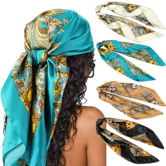 ZHUYING 35” Satin Large Square Head Scarves - 4PCS Silk Like Neck Scarf Hair Sleeping Wraps Satin Silk Scarfs for Women