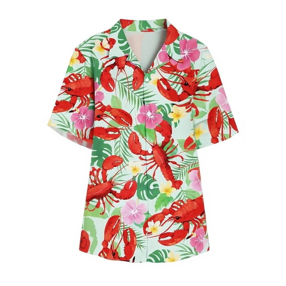 XIAOCHA Men Casual Lobster Print Shirt Short Sleeve Tropical Floral Button Down Beach Hawaiian Shirt