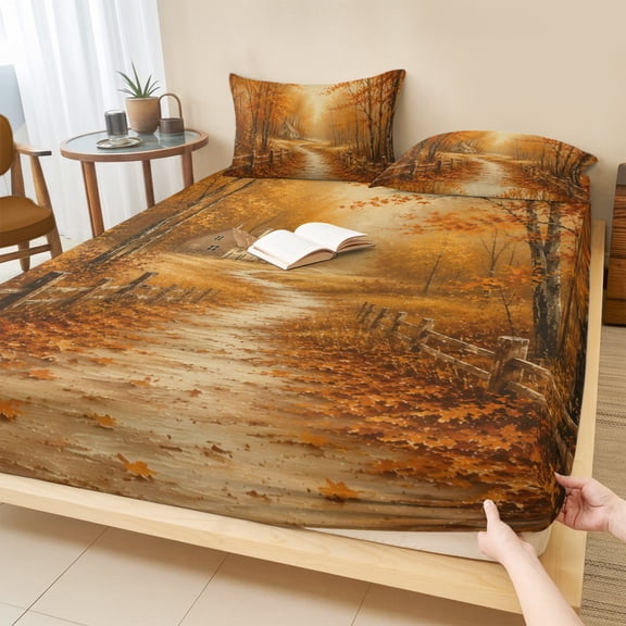 Cal.King Size Fitted Sheet Set - Fall Forest 3 Piece Bedding Sets 16" Deep Pocket Fitted Sheet with 2 Pillowcases, Autumn Landscape Path Maple Leaves Orange Brushed Microfiber Hotel Luxury Bed Sheets